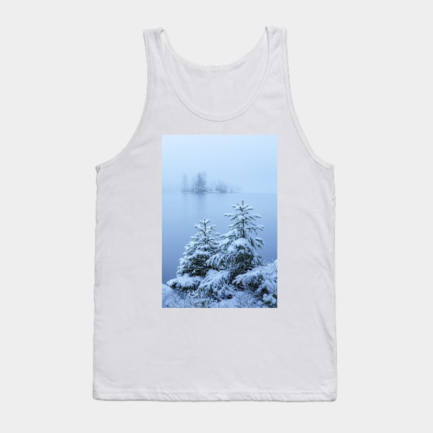 Foggy winter lake and spruce trees Tank Top by Juhku